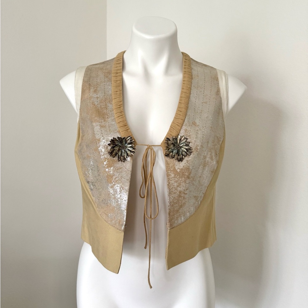 Tory Burch Beige and Silver Metallic Leather Vest XS Vintage Boho
